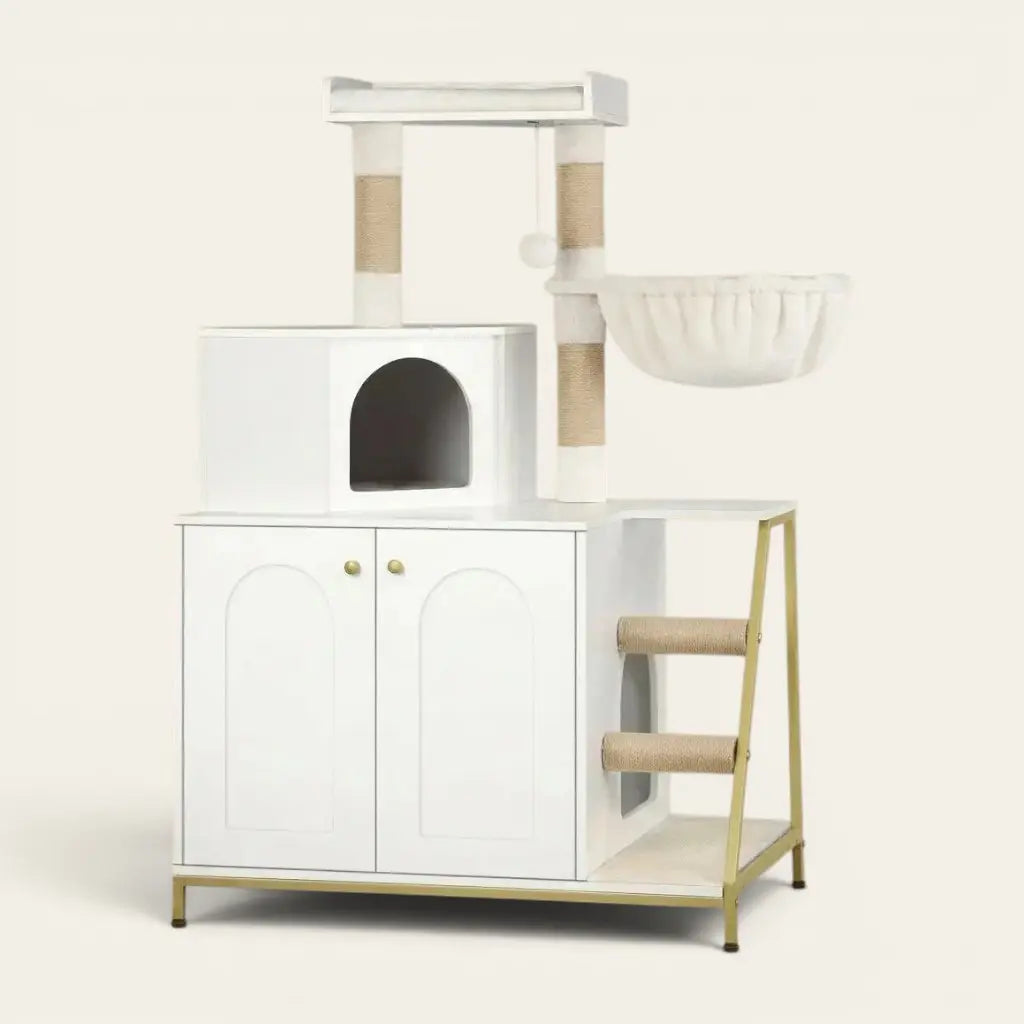 achat arbre moderne blanc avec niche intégrée et hamac pour chat design intérieur