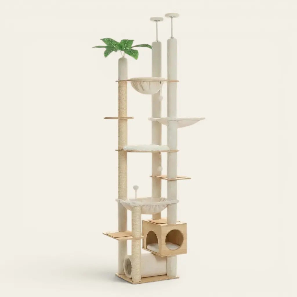 Dimensions arbre à chat au plafond ajustable bois et crème avec hauteur réglable de 237 à 256 cm et plateformes multiples