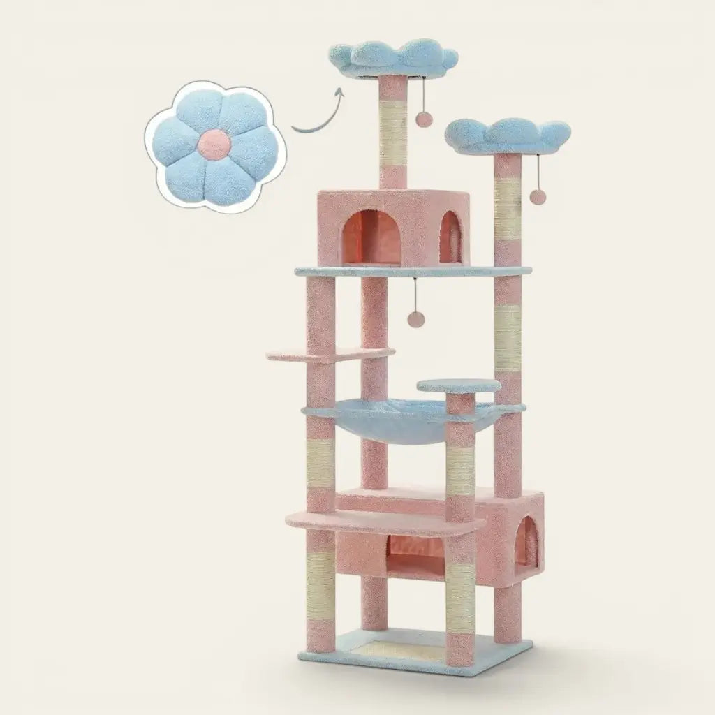 arbre a chat rose et bleu avec hamac et 2 cabanes