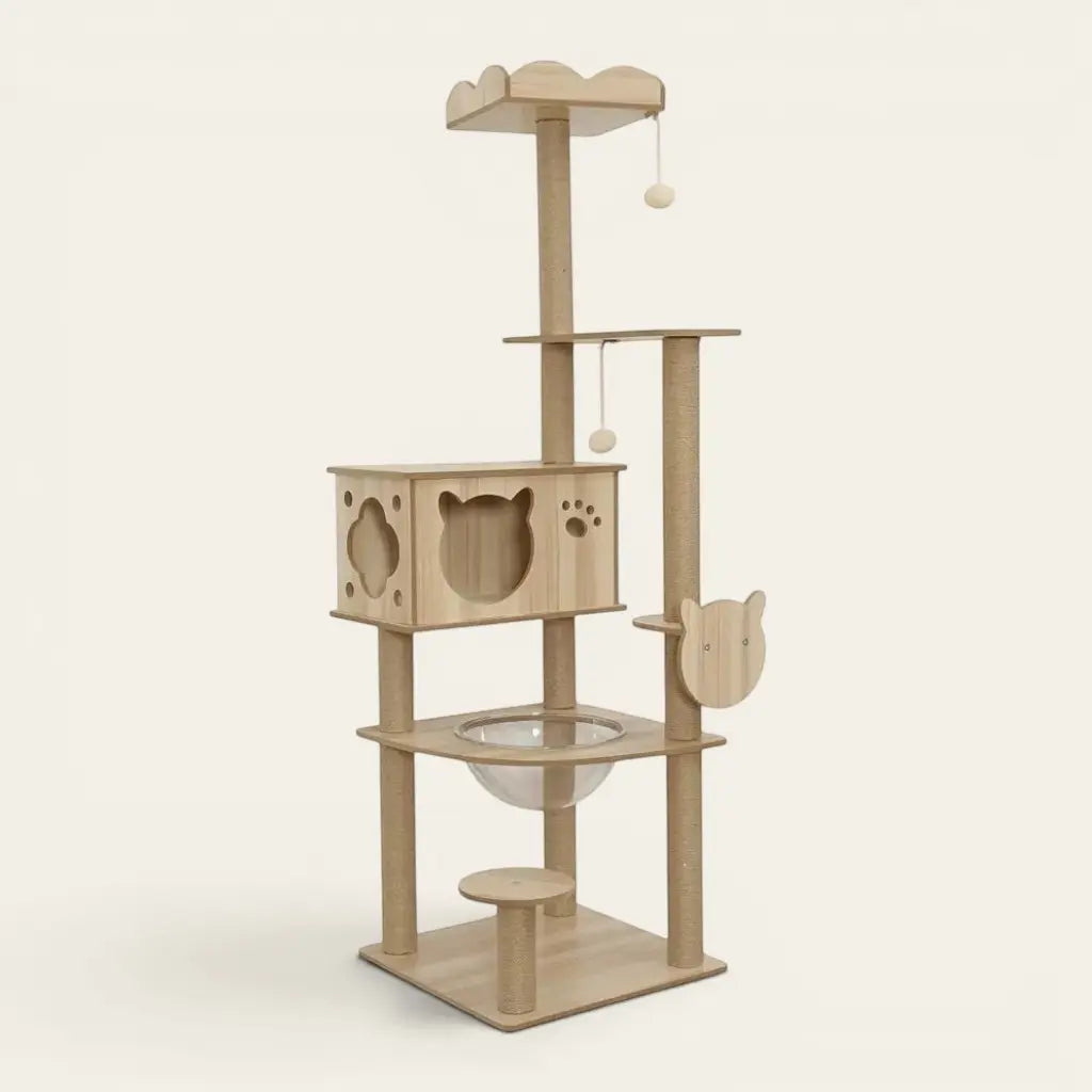 Arbre à chat en bois clair design moderne avec niche décorative, hamac transparent et espaces d’escalade adaptés aux chats d’intérieur.