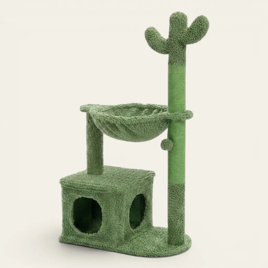 Arbre à chat cactus avec maison pour chat, hamac suspendu et jouet intégré