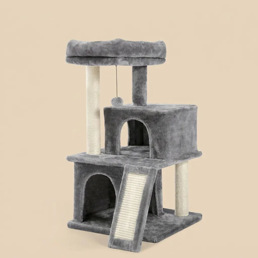 arbre à chat chaton gris avec niche double rampe griffoir et couchage en hauteur
