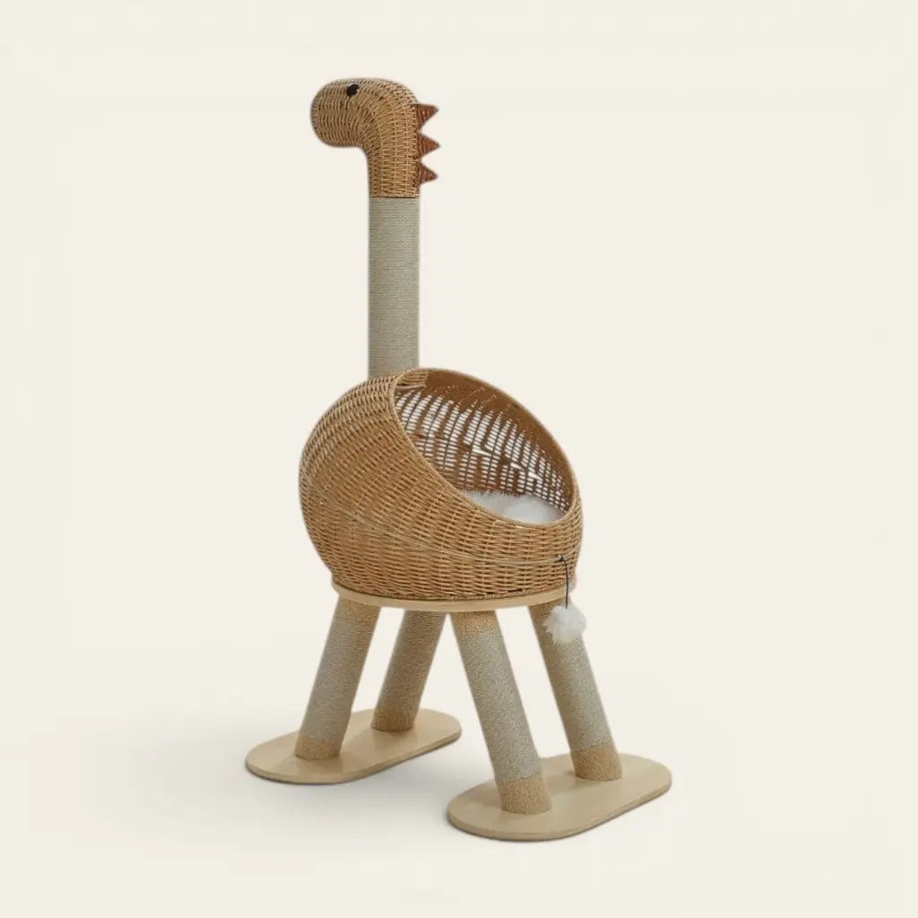 Arbre à chat design en osier avec niche tressée, griffoirs intégrés, coussin confortable et structure originale en forme de dinosaure