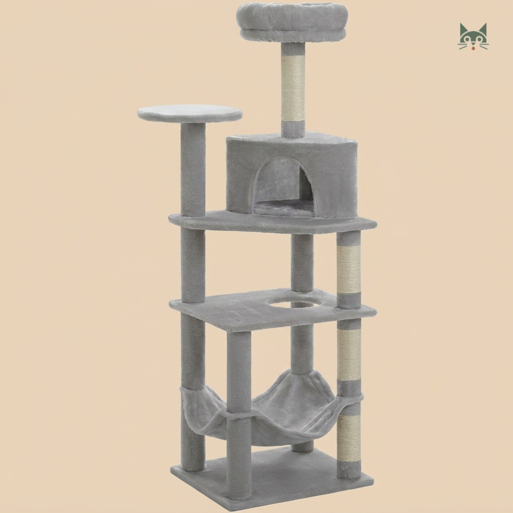 arbre à chat Maine Coon gris clair avec plateformes solides et hamac pour grand chat
