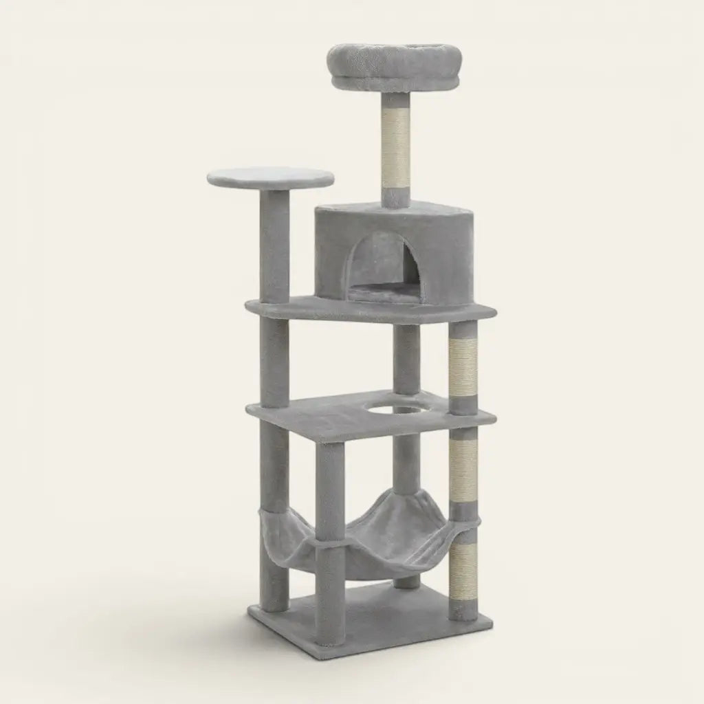 Arbre à chat Maine Coon gris avec couchage en hauteur, hamac renforcé et structure stable adaptée aux chats de grande taille