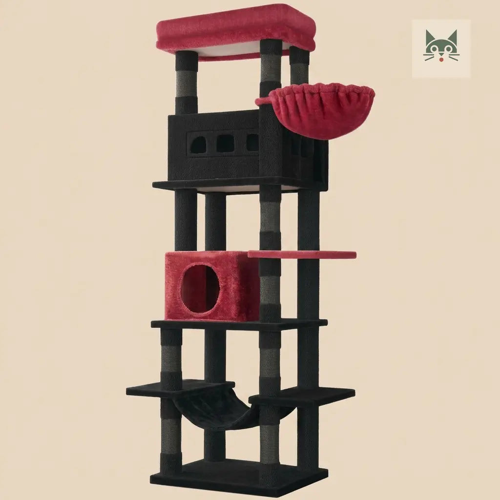 arbre à chat Maine Coon noir et rouge avec design moderne et plateformes solides pour chats lourds