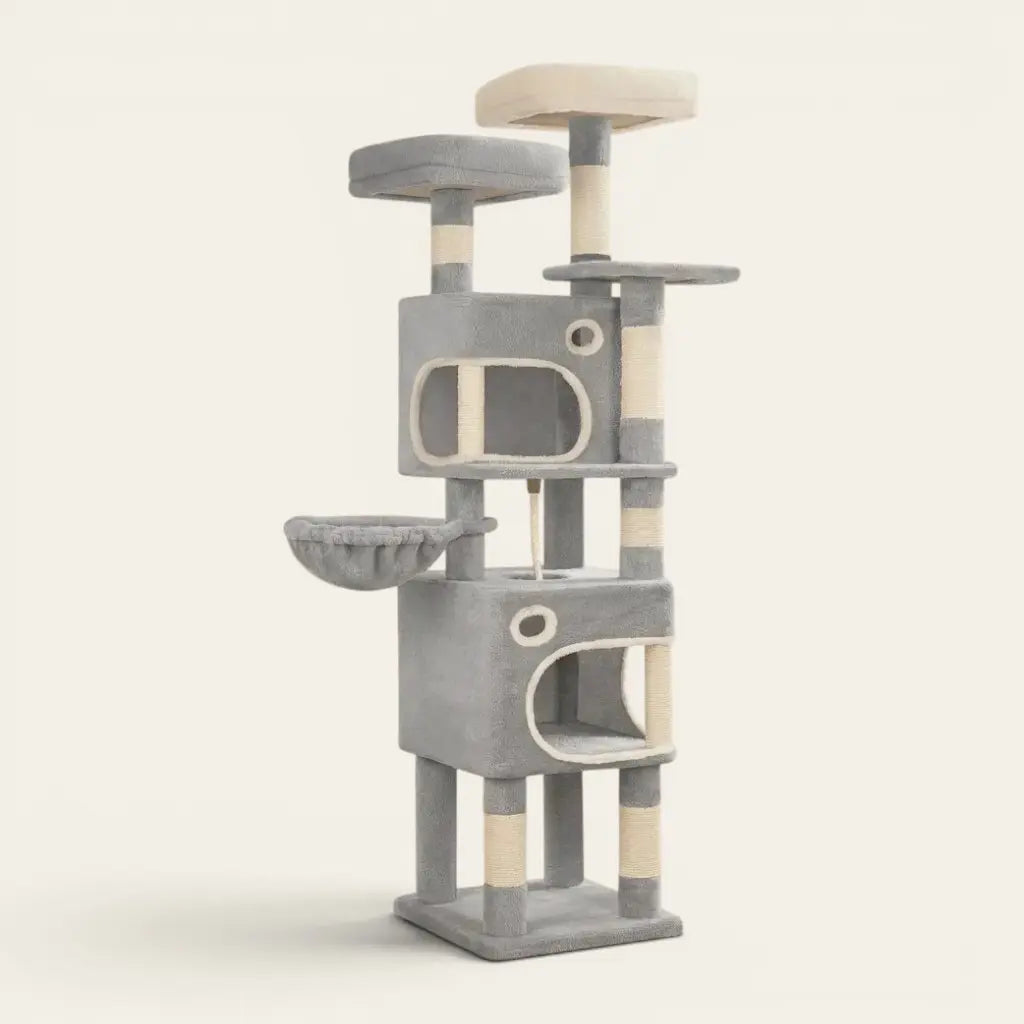 Arbre à chat robuste gris clair de 159 cm avec double niche, hamac suspendu, plateformes d'observation et griffoirs en sisal