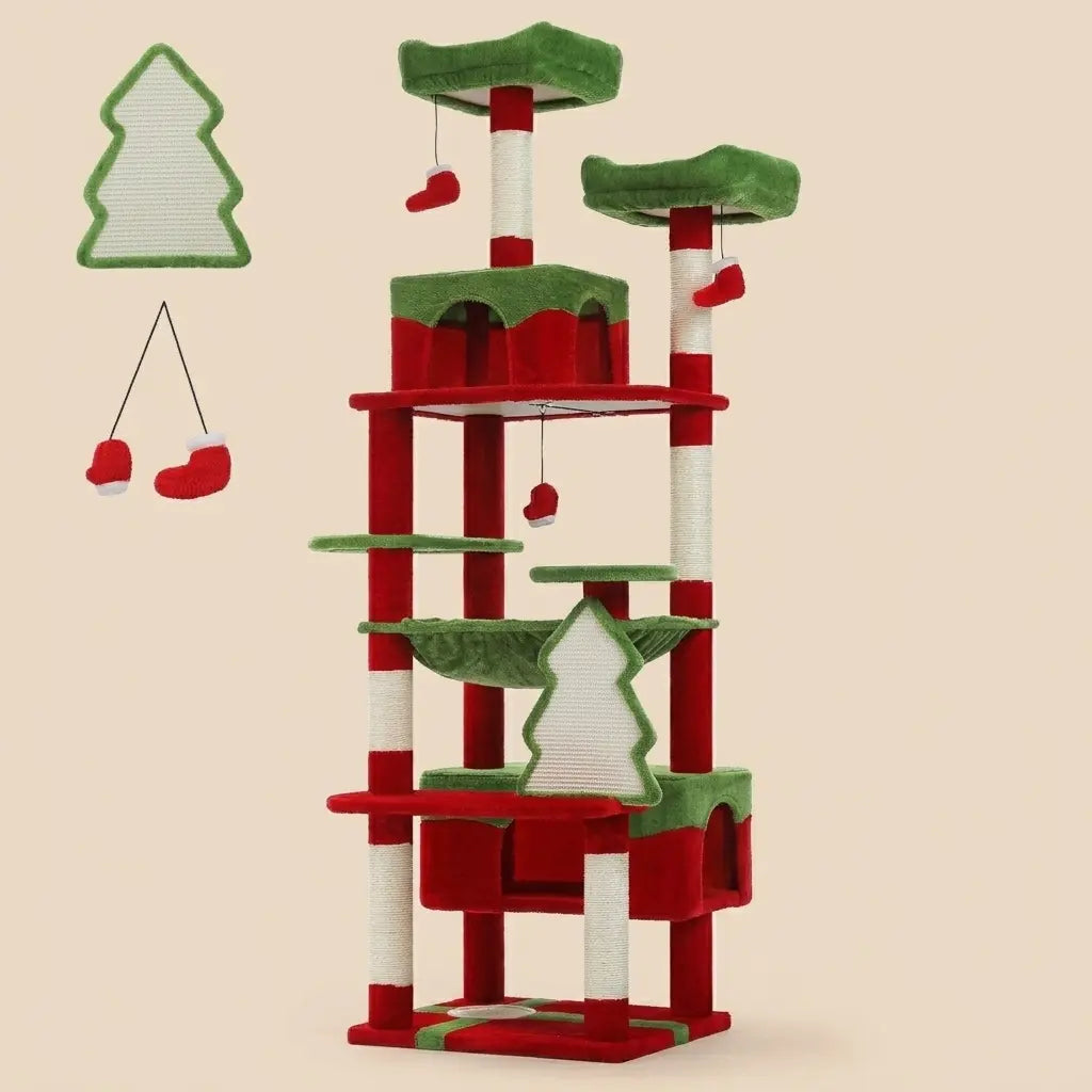 grand arbre à chat sapin de Noël avec plusieurs niveaux et espaces de repos