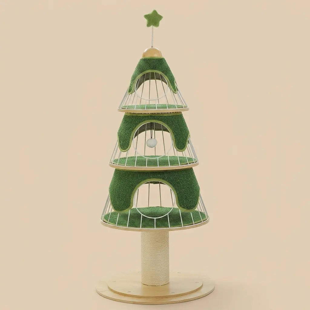 arbre à chat sapin vert design avec plusieurs niveaux pour jouer et se reposer