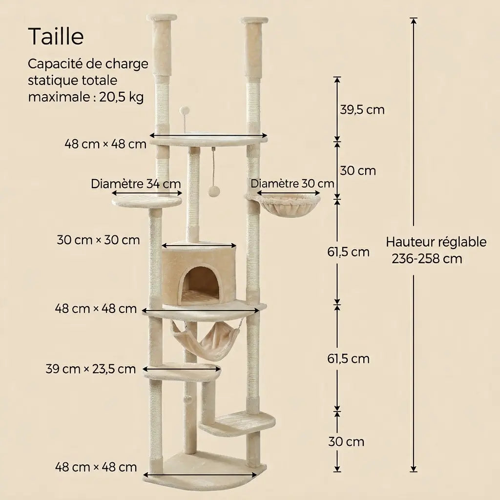 arbre à chat sol au plafond beige avec dimensions complètes capacité 20,5 kg plateformes et hamac