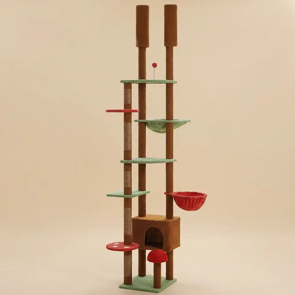 arbre à chat sol-plafond design avec niche plateformes hamac et poteaux à griffer