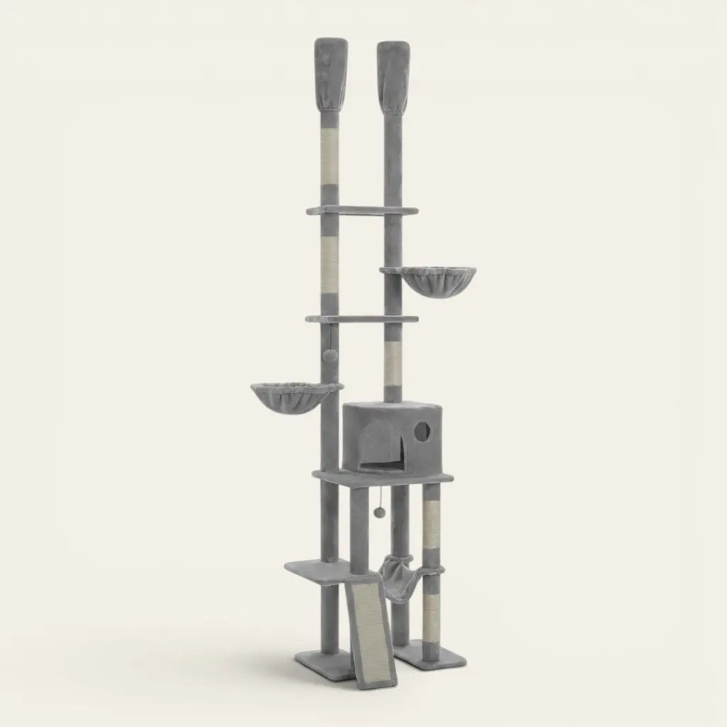 Arbre à chat du sol au plafond gris anthracite avec niche, hamac, plateformes murales et paniers suspendus