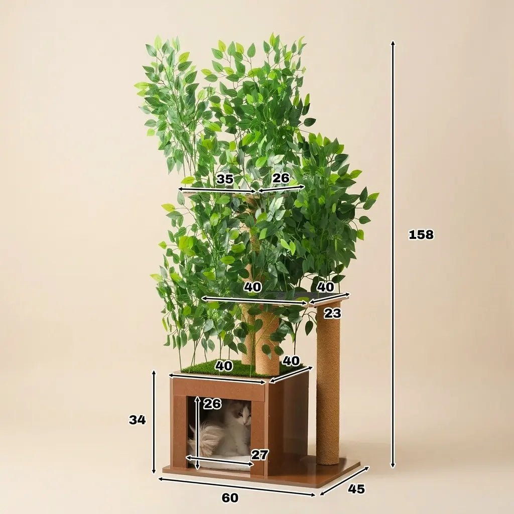 Dimensions détaillées d’un arbre à chat extérieur avec plante artificielle au design harmonieux et premium.