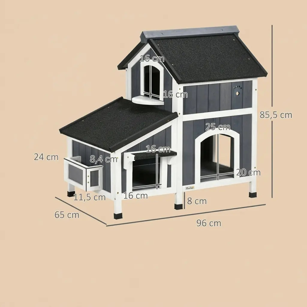 Dimensions complètes d’une maison chat extérieur été avec toit imperméable et plusieurs ouvertures.