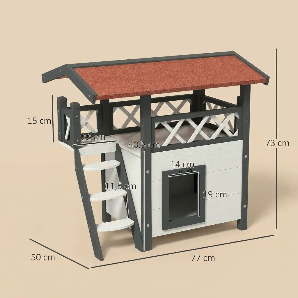 Dimensions détaillées d’une petite niche extérieure en bois avec espace surélevé adapté au confort du chat.
