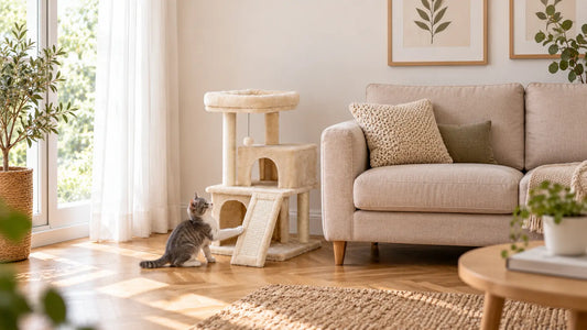 Chaton gris et blanc qui griffe la rampe en sisal d'un petit arbre à chat beige dans un salon lumineux