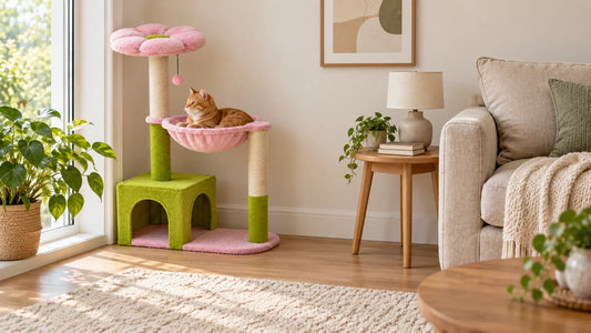 Chat roux allongé dans le hamac rose d'un arbre à chat fleur rose et vert, dans un salon lumineux près d'une fenêtre