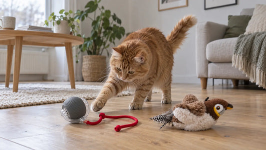 Chat roux jouant avec un jouet interactif à balle et un jouet oiseau en peluche dans un salon lumineux