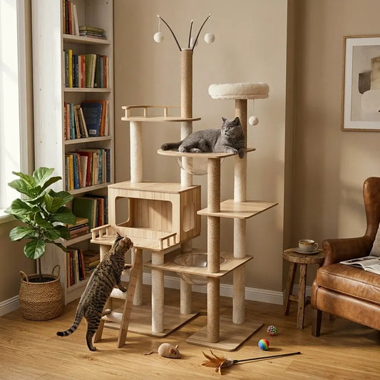 arbre à chat bois naturel design avec plusieurs plateformes et chats dans un salon moderne