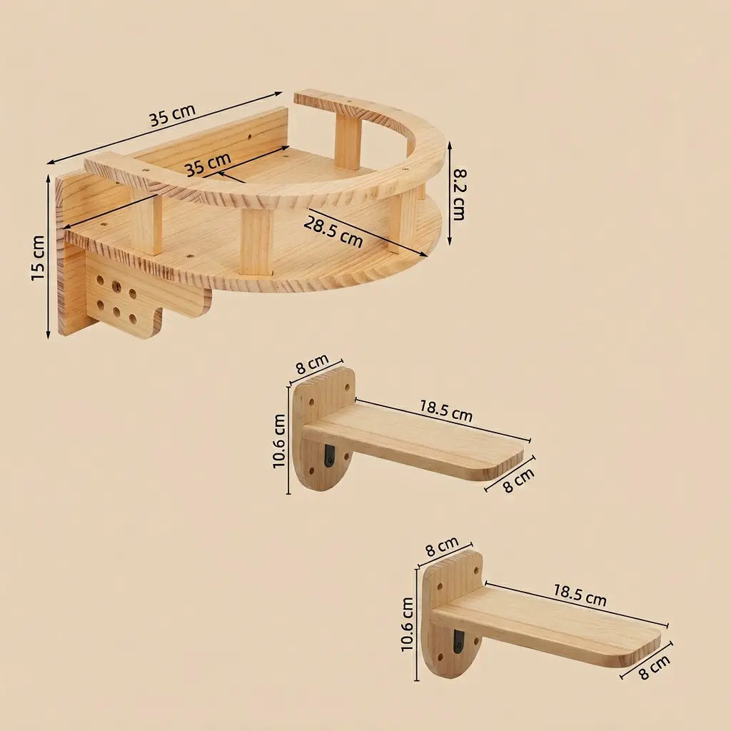 arbre à chat design mural avec plateforme murale double et petites étagères en bois