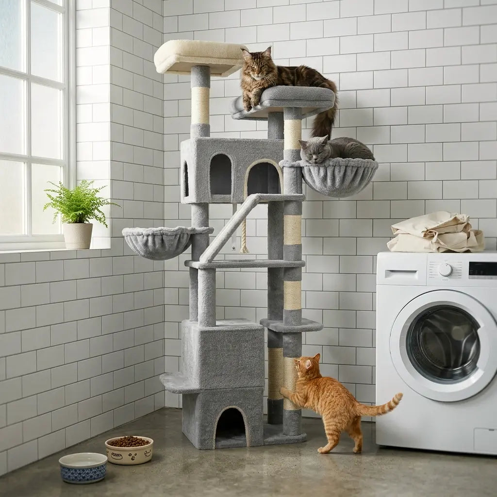 arbre à chat pour gros chat utilisé par plusieurs chats avec structure stable et plateformes larges