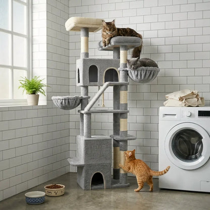 arbre à chat pour gros chat utilisé par plusieurs chats avec structure stable et plateformes larges