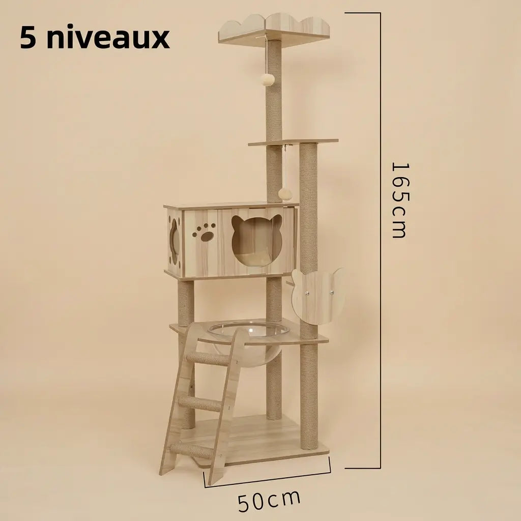 arbre à chat bois 5 niveaux avec niche plateforme et échelle pour chat