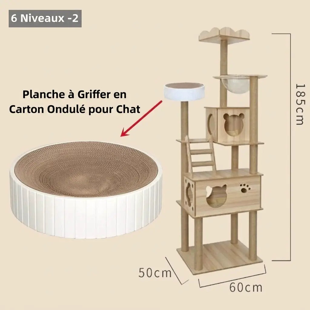 arbre à chat bois 6 niveaux avec planche griffoir carton et dimensions