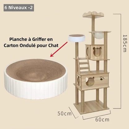 arbre à chat bois 6 niveaux avec planche griffoir carton et dimensions