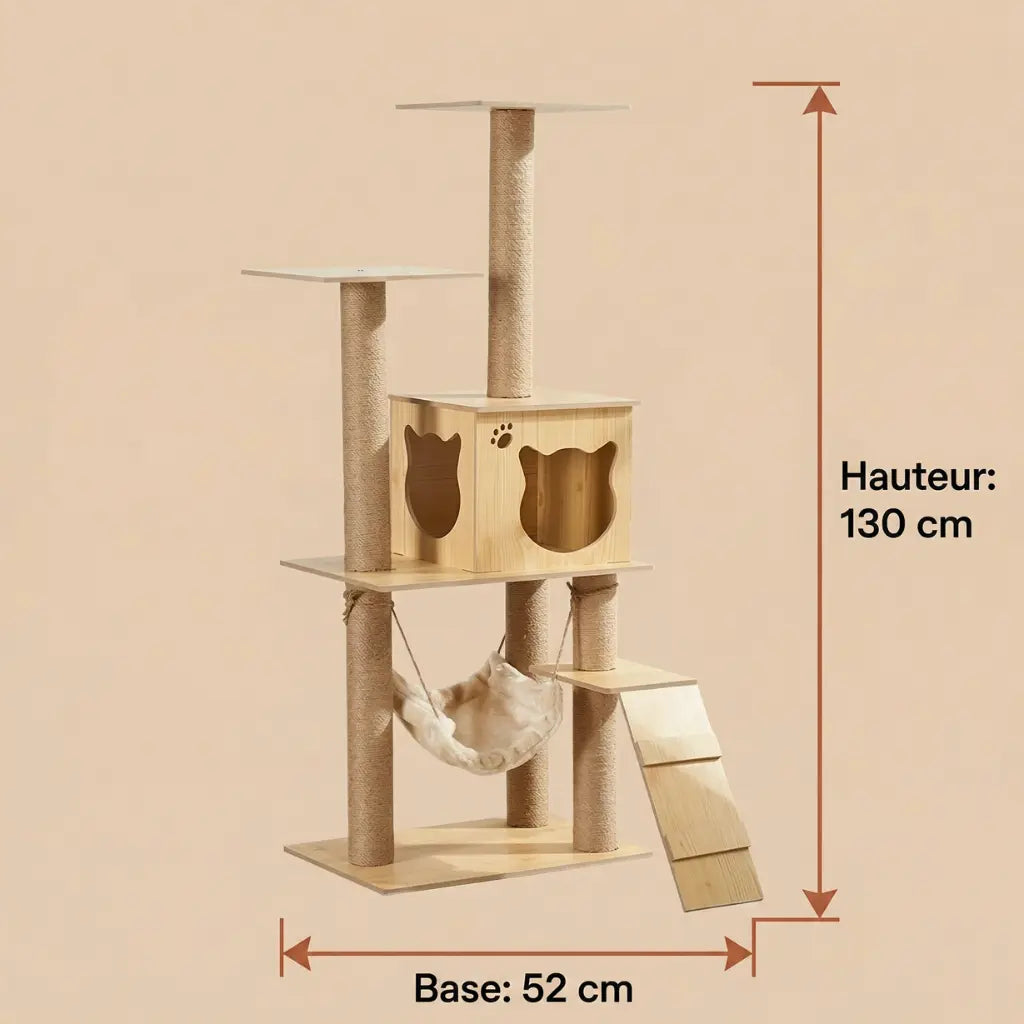 arbre à chat bois avec hamac rampe et niche dimensions 130 cm