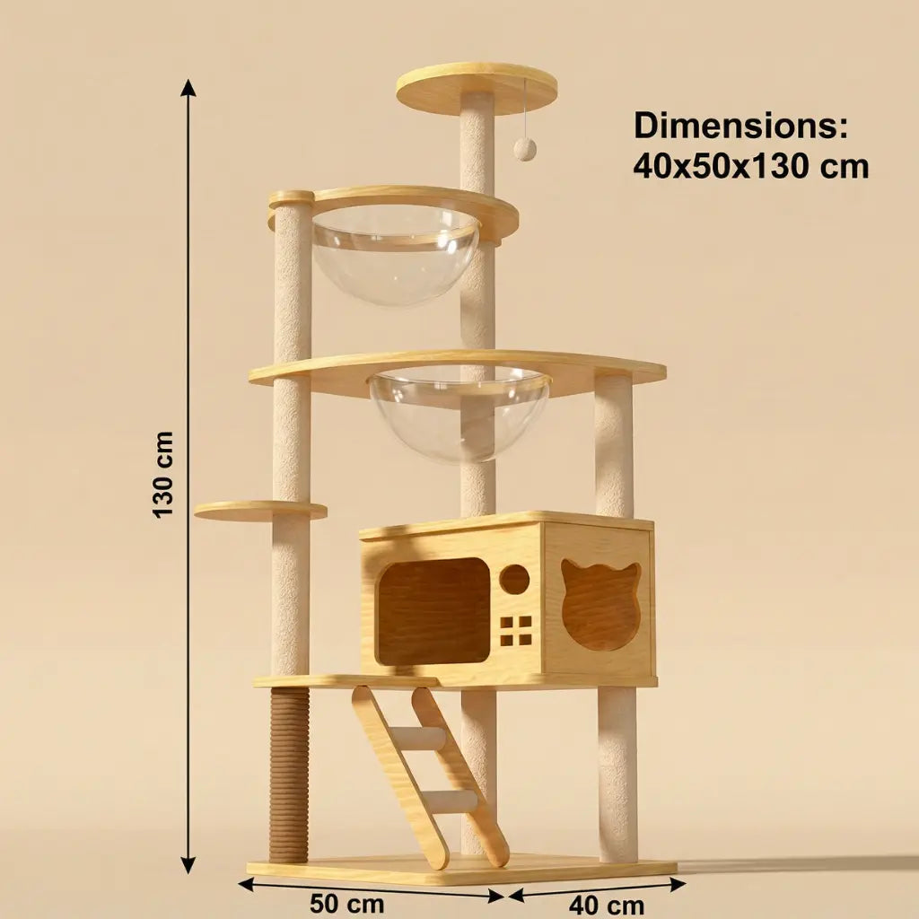 arbre à chat bois compact avec hamac transparent et cabane pour chat