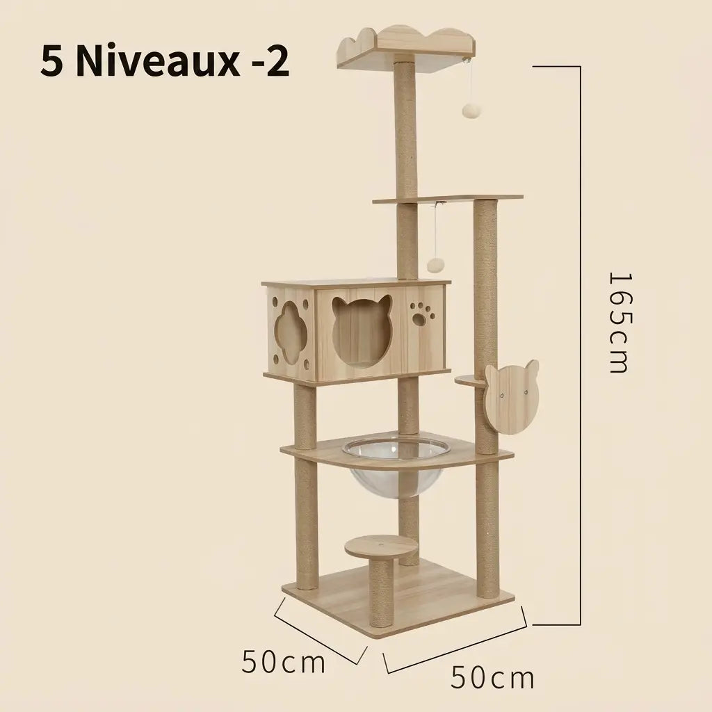 arbre à chat bois 5 niveaux design avec hamac et griffoir intégré