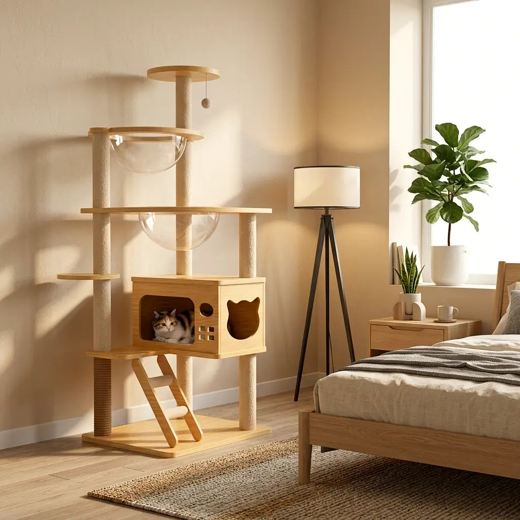 arbre à chat bois design moderne avec niches et plateformes pour appartement