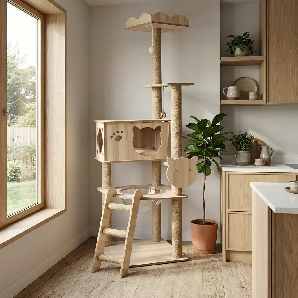 arbre à chat en bois avec cabane plateforme et griffoirs pour chat intérieur