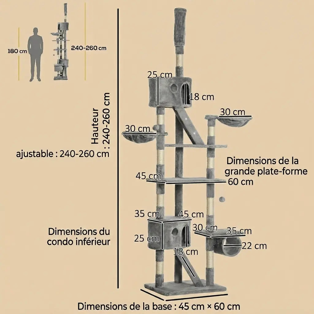 arbre à chat haut avec plateformes larges niches et espace de repos