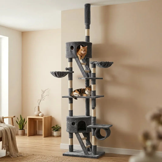 arbre à chat haut avec plusieurs plateformes et niches pour intérieur