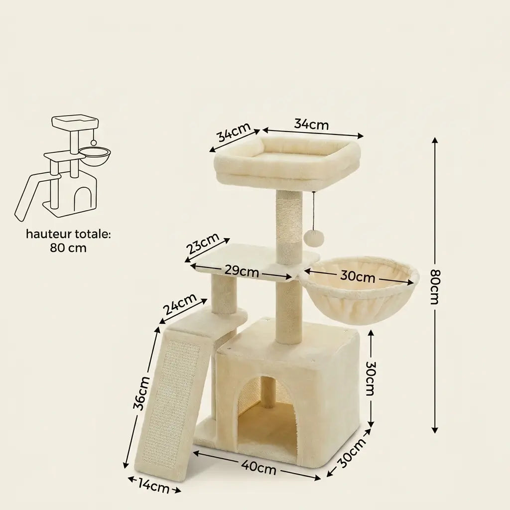 Arbre à chat petit beige de 80 cm avec niche spacieuse, hamac latéral, griffoir et lit supérieur confortable