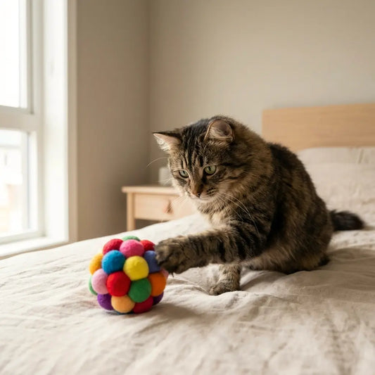 chat jouant avec une balle interactive multicolore sur un lit pour stimulation et activité