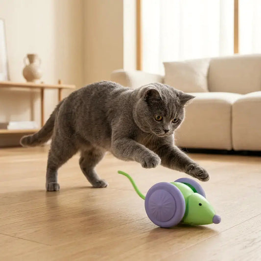 chat en train de jouer avec un jouet robot chat en forme de souris