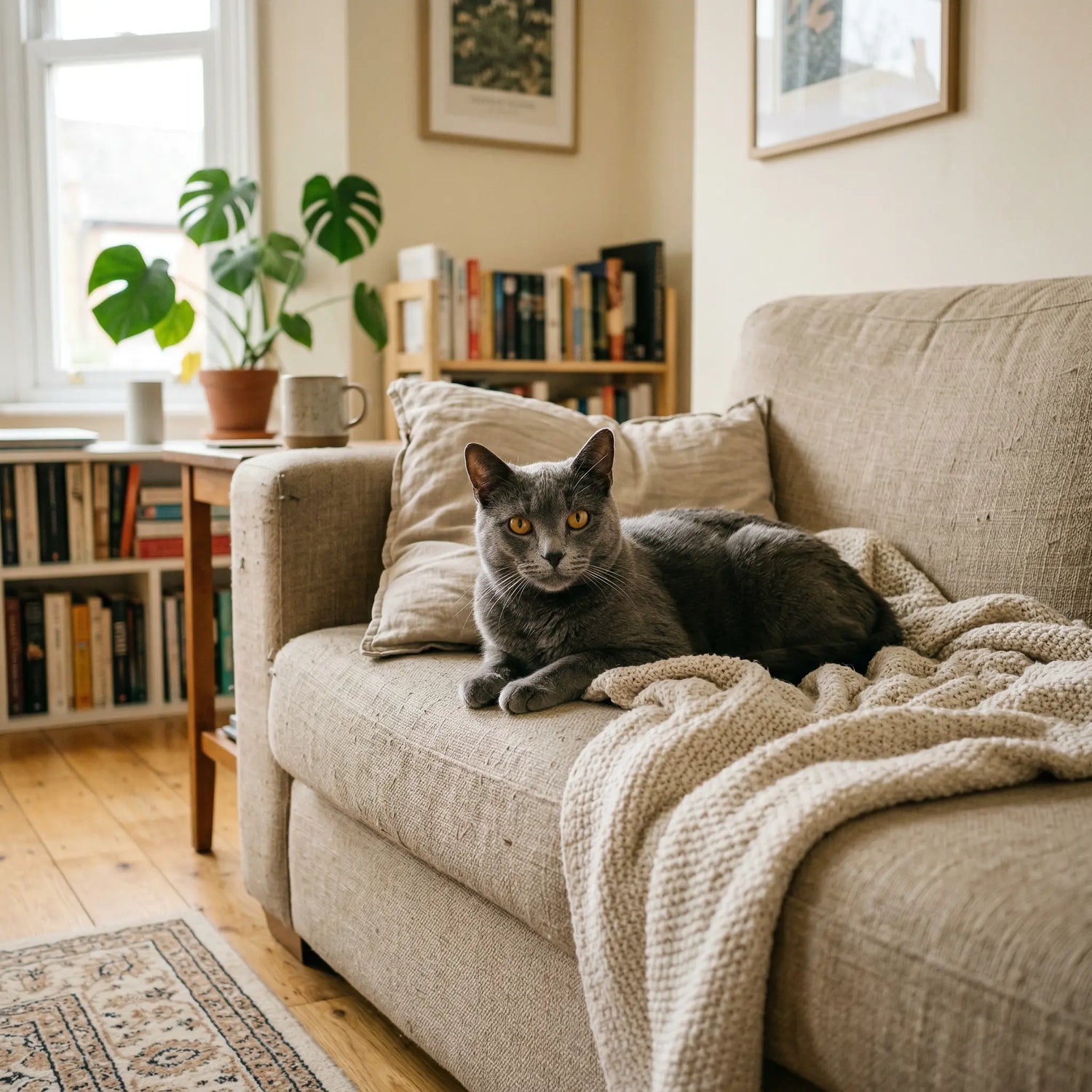 Chat allongé sur un canapé beige dans un salon lumineux au style naturel avec mobilier en bois et ambiance cosy