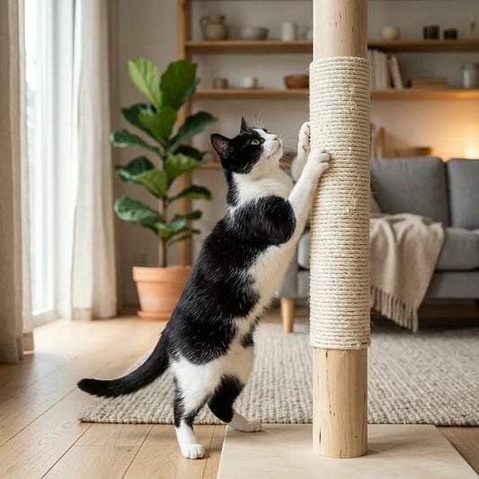 chat en train de griffer une ficelle pour arbre à chatun poteau griffoir