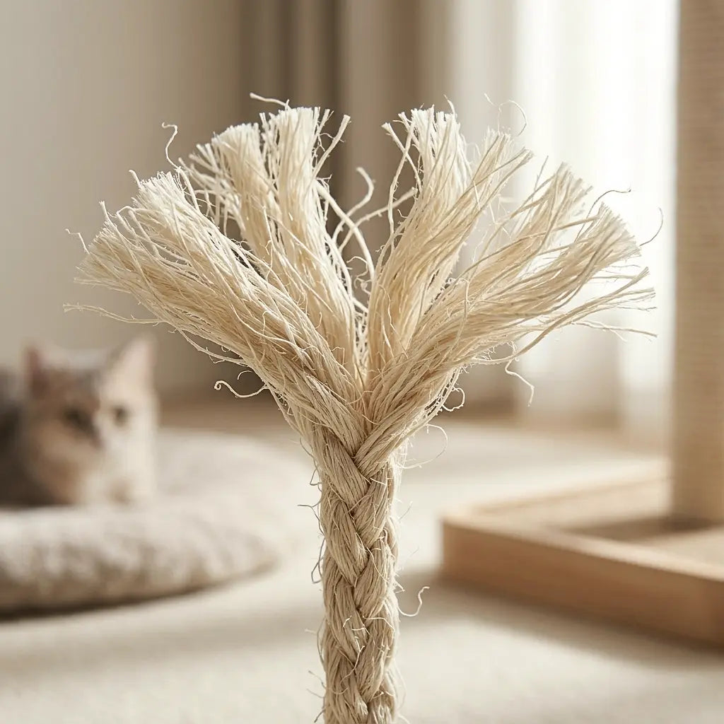 zoom sur les fibres naturelles d’une ficelle pour arbre à chat