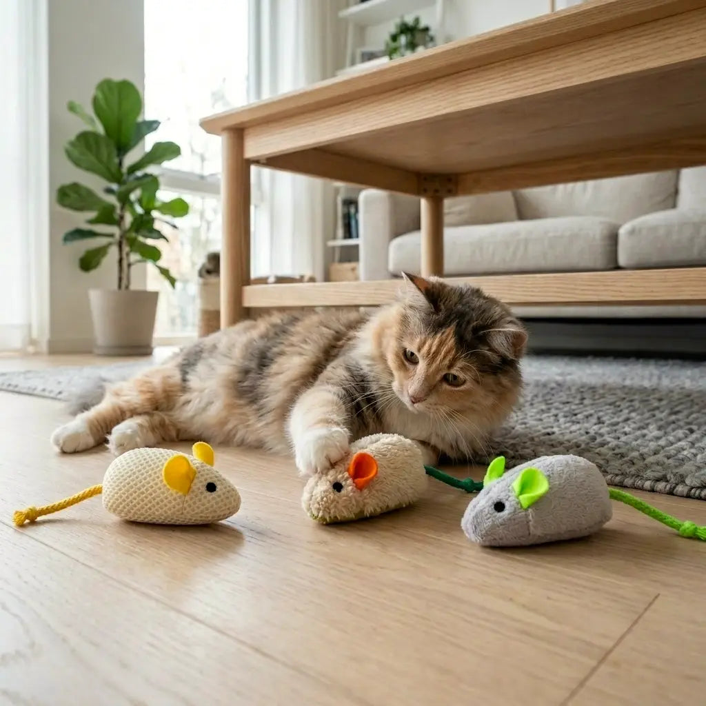 chat jouant avec un doudou pour chat en forme de souris sur le sol