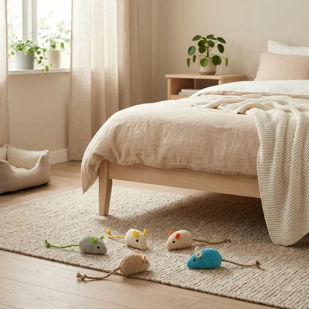 plusieurs doudous pour chat posés dans une chambre moderne sur tapis