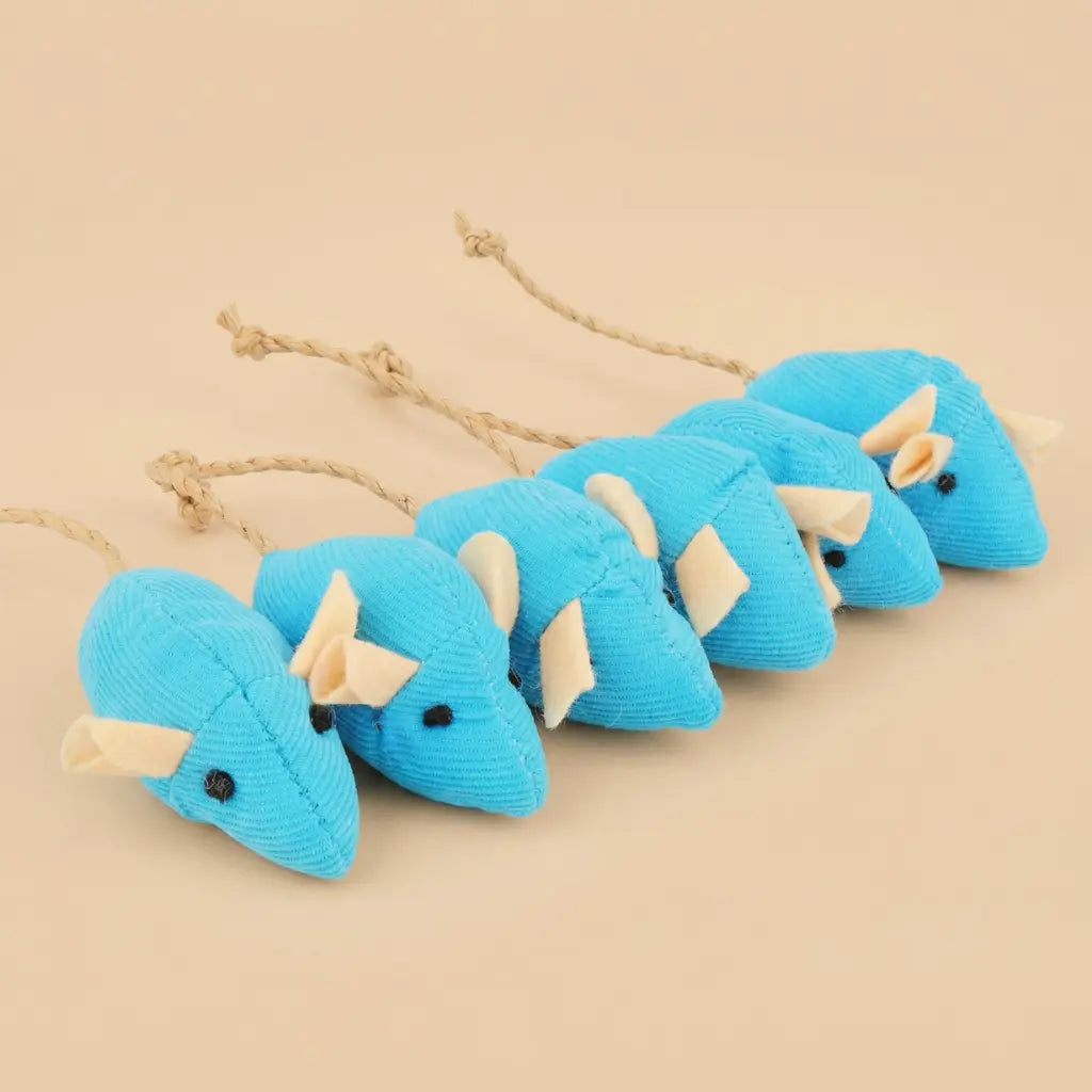 doudou pour chat bleu en peluche en forme de souris avec corde