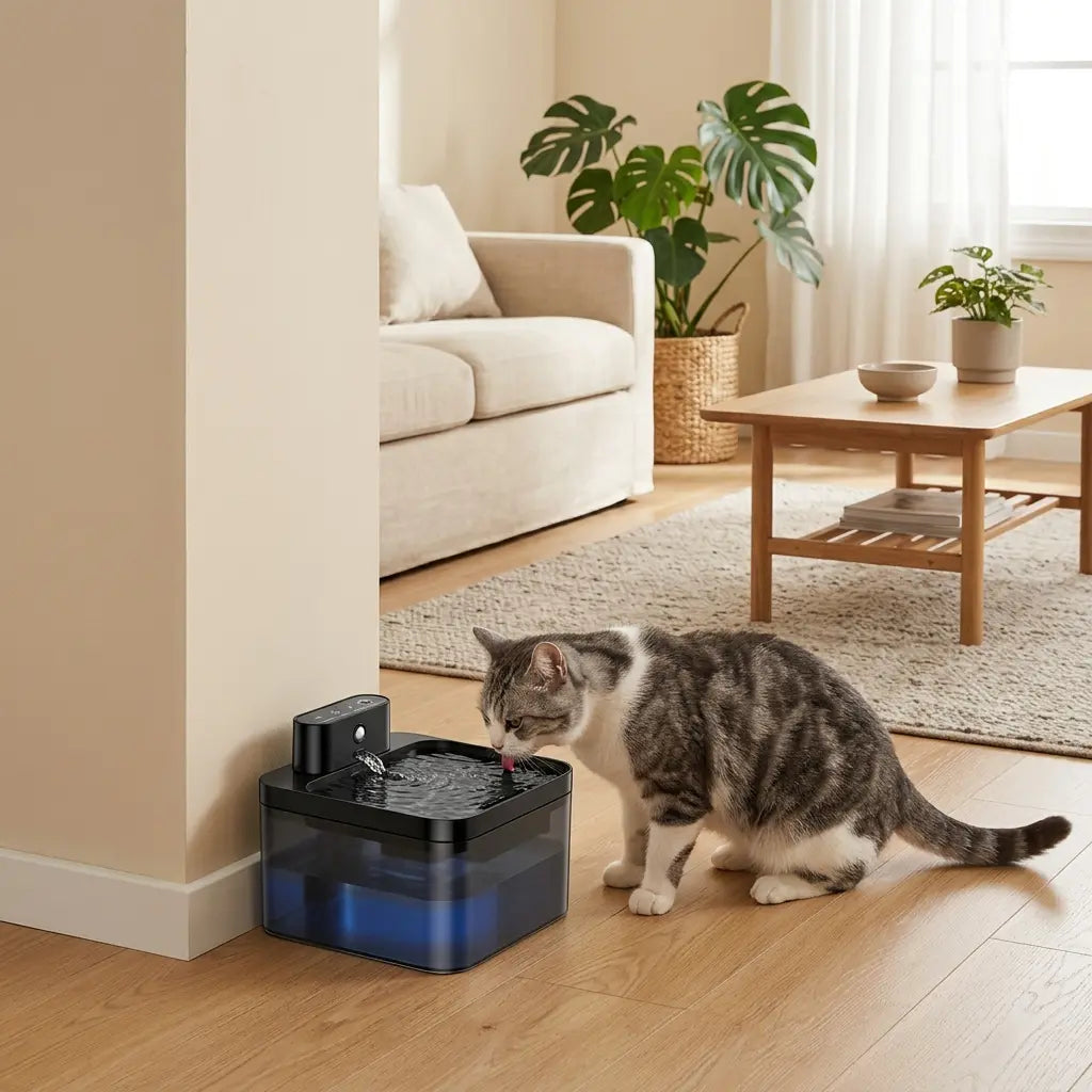 Fontaine d'eau automatique sans fil pour chat installée dans un salon moderne avec un chat en train de boire