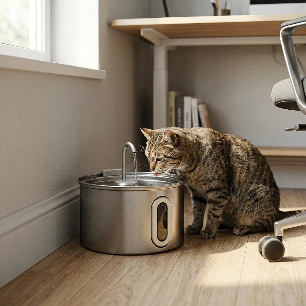 Fontaine à eau en acier inoxydable ultra silencieuse pour chat avec indicateur de niveau d'eau