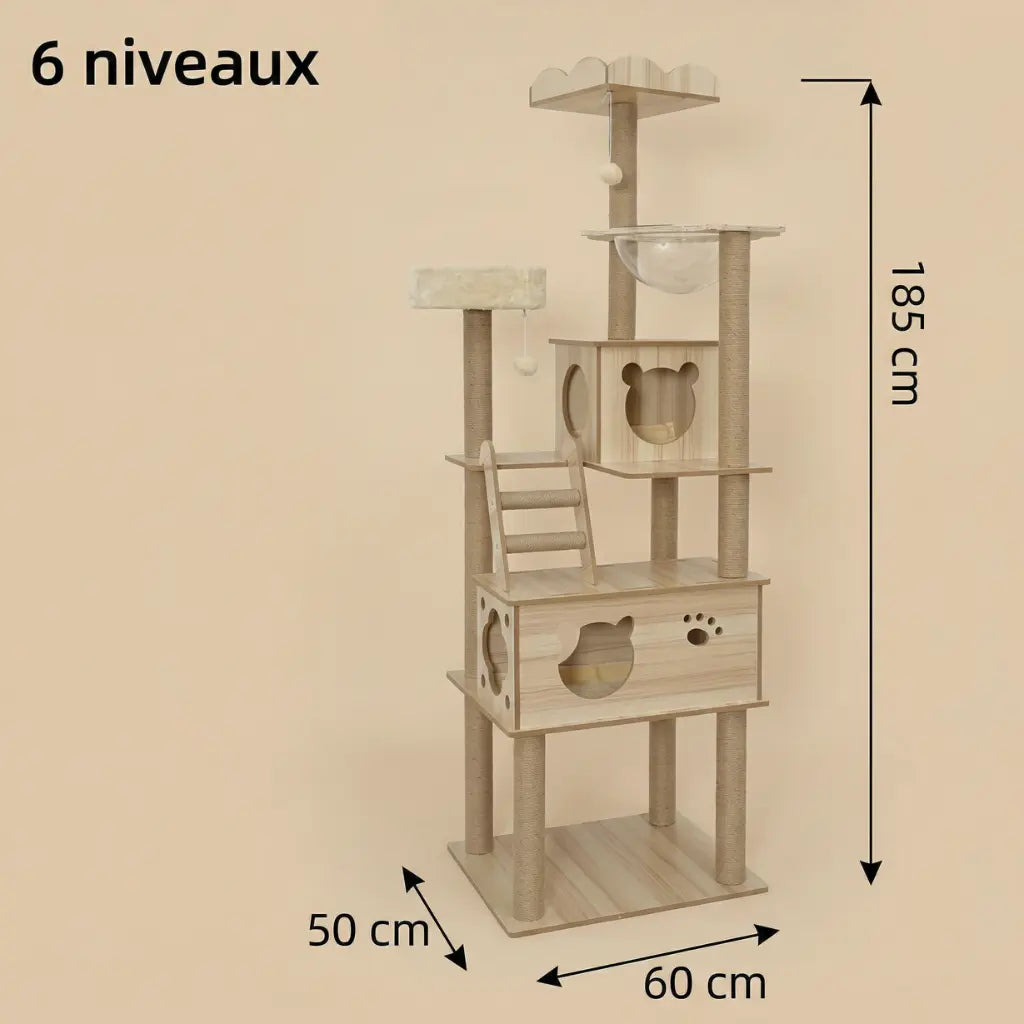 arbre à chat bois 6 niveaux avec plateformes niche et grande hauteur 185 cm
