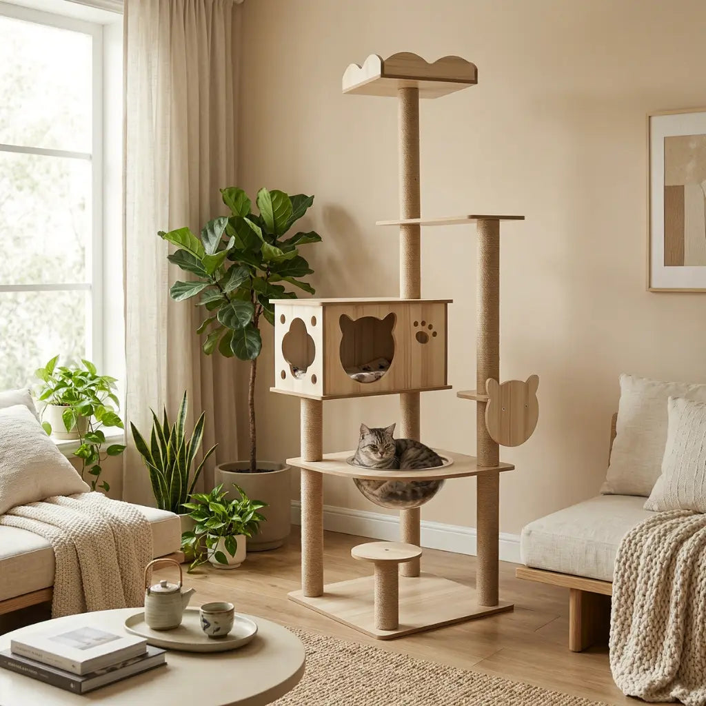 arbre à chat en bois avec hamac plateformes et espace repos pour chat