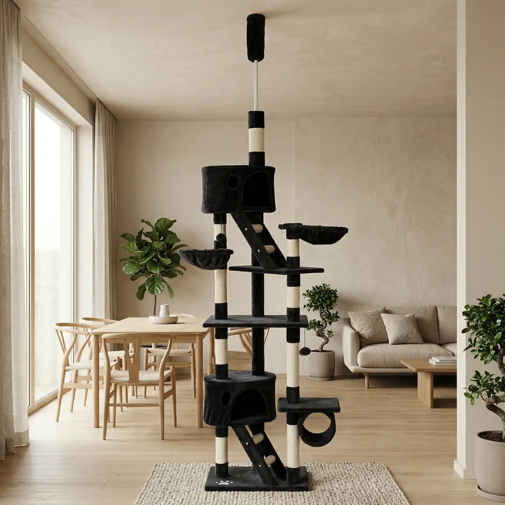 arbre à chat haut avec fixation plafond stable pour chat actif appartement